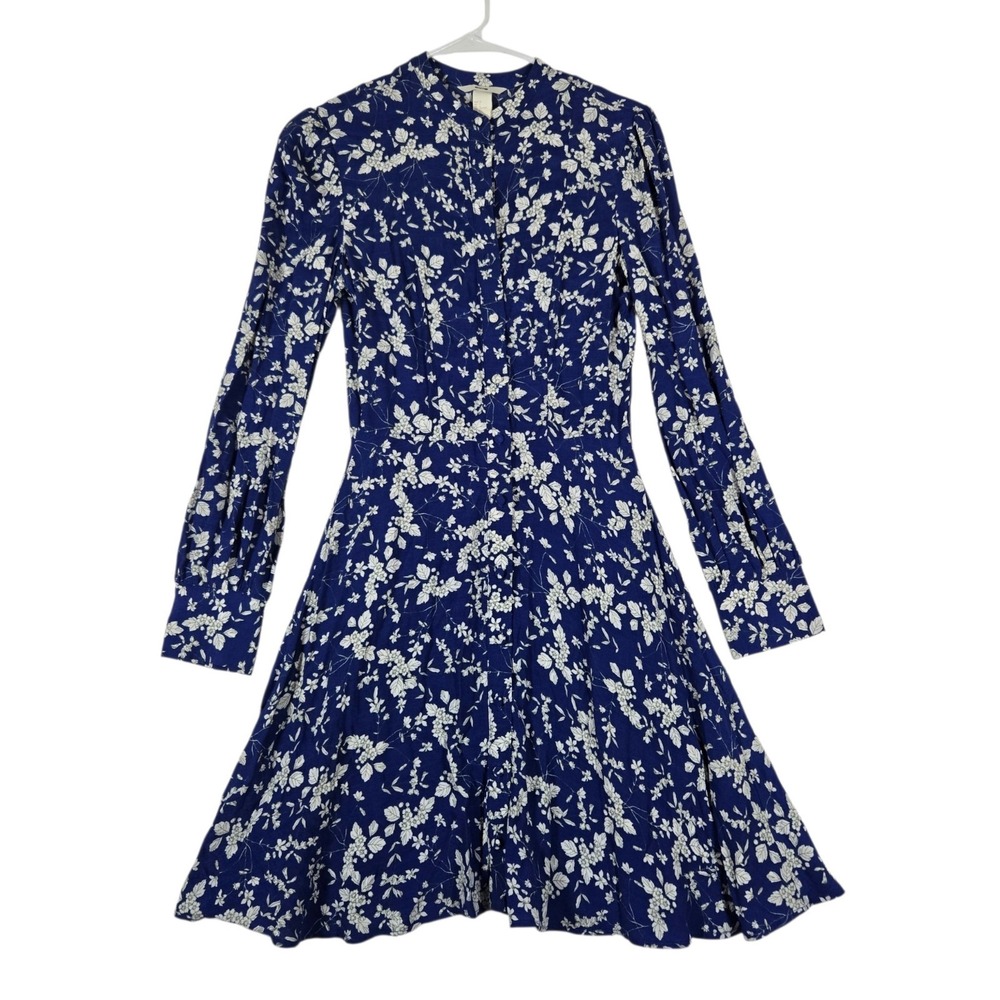 H&M Shirt Dress Womens 2 Blue Floral Long Sleeve Button Front Knee Length